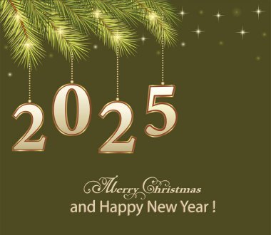 2025 yılınız kutlu olsun. Köknar dallarında 2025 numaranın asılı olduğu Noel kartı. Vektör illüstrasyonu
