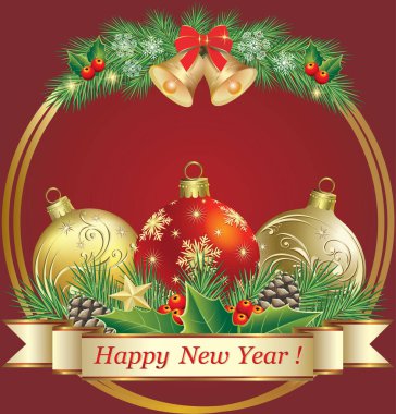 Mutlu yıllar 2025. Noel balolarıyla şenlikli arka plan, köknar dallarında çanlar, tebrik mesajlarıyla süslenmiş kurdele. Kış tatilleri için orijinal vektör tasarımı.