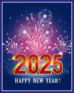 Yeni yıl 2025 kutlaması. Parlak mavi arka planda yıldızlı şenlik afişi. Vektör illüstrasyonu