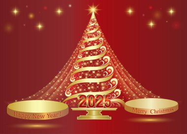 Mutlu yıllar 2025. Parlak Noel ağacı ve reklam, satış, hediyeler ve bilgileriniz için altın podyumları olan şenlikli bir arka plan. Vektör illüstrasyonu 3d.