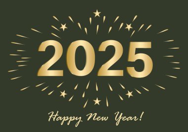 Happy New Year 2025. Holiday background with golden numbers, stars and fireworks for banners, typography, web. Greeting card, icon. Vector illustration