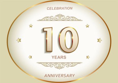 10. yıl dönümü kutlaması, tebrik kartı, altın oval çerçeveli, yıldızlı ve desenli jübile numaraları içeren şenlik arkaplanı. Vektör illüstrasyonu