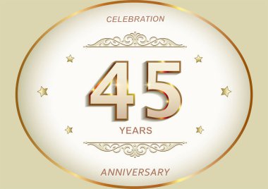 45 'inci yıldönümü kutlaması, tebrik kartı, altın oval çerçeveli, yıldızlı ve desenli jübile numaraları içeren şenlik arkaplanı. Vektör illüstrasyonu