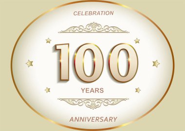  100. yıl dönümü kutlaması, tebrik kartı, altın oval çerçeveli, yıldızlı ve desenli jübile numaraları içeren şenlik arkaplanı. Vektör illüstrasyonu