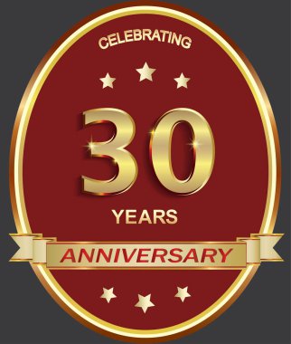 30 'uncu yıl dönümü kutlaması, tebrik kartı, oval çerçevede yıldızlı, kurdeleli, logolu, ikonlu altın jübile numaraları olan şenlik arkaplanı. Vektör illüstrasyonu