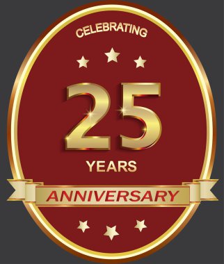 25 'inci yıldönümü kutlaması, tebrik kartı, oval çerçevede yıldızlı, kurdeleli, logolu, ikonlu altın jübile numaraları olan şenlik arkaplanı. Vektör illüstrasyonu