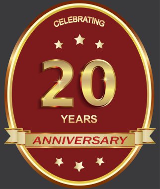 20. yıl dönümü kutlaması, tebrik kartı, oval çerçevede yıldızlı, kurdeleli, logolu, ikonlu altın jübile numaraları olan şenlik arkaplanı. Vektör illüstrasyonu