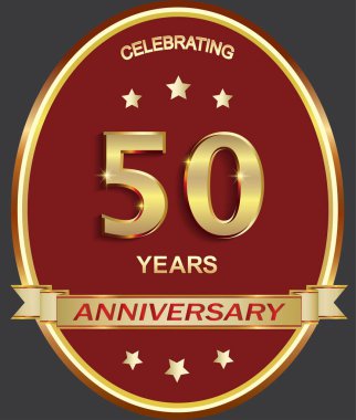 50 'nci yıl dönümü kutlaması, tebrik kartı, oval çerçevede yıldızlı, kurdeleli, logolu, ikonlu altın jübile numaraları olan şenlik arkaplanı. Vektör illüstrasyonu