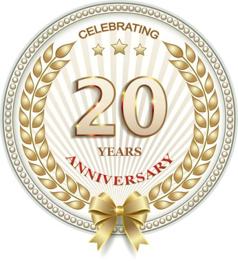 20. yıl dönümü kutlaması, tebrik kartı, jübile numaraları, yıldızlar ve defne çelengi, doğum günü kartı, ikon. Vektör illüstrasyonu
