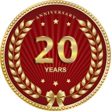 Kırmızı zemin üzerinde 20. yıl dönümü vektör altın tasarımı kutlama, tebrik ve tebrik kartı, logo, simge