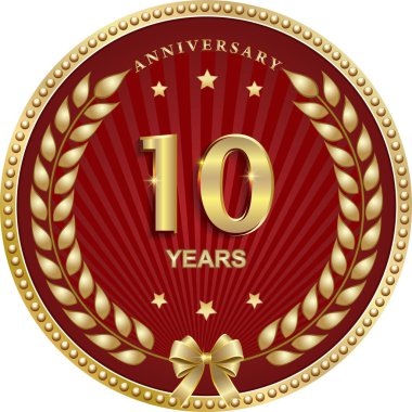  Kutlama, tebrik ve tebrik kartı, logo ve simge için kırmızı zemin üzerinde 10. yıl dönümü vektör altın tasarımı