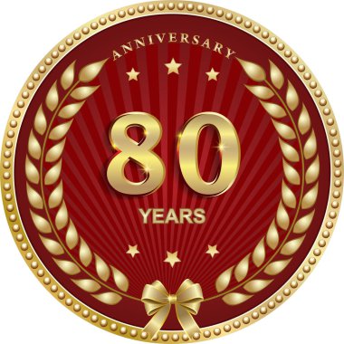  Kutlama, tebrik kartı, logo ve simge için kırmızı zemin üzerinde 80 yıllık vektör altın tasarımı