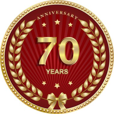 Kırmızı arka planda, kutlama, tebrik ve tebrik kartı, logo ve simge için 70 yıllık vektör altın tasarımı