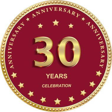 Kırmızı zemin üzerinde 30 'uncu yıl dönümü vektör altın tasarımı kutlama, tebrik ve tebrik kartı, bayrak, logo, simge için yuvarlak çerçeveli yıldızlar