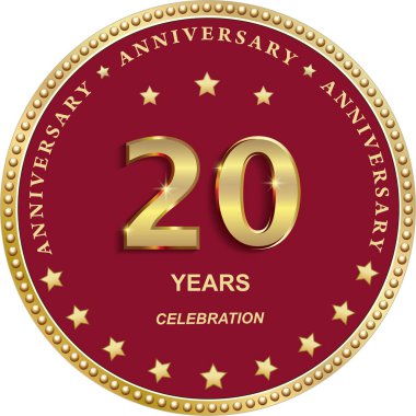 Kırmızı zemin üzerinde 20. yıl dönümü vektör altın tasarımı kutlamalar için yuvarlak çerçeveli yıldızlar, tebrik ve tebrik kartı, bayrak, logo, simge