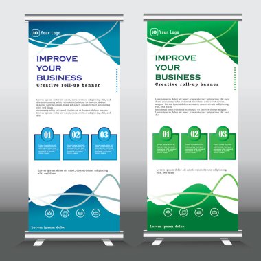 Pankart tasarımı, 3 bölümlü yaratıcı stand, konferanslar, ürün ve hizmet reklamları, modern düz stil, seminerler için afişler. mavi ve yeşil renkler toplanır,