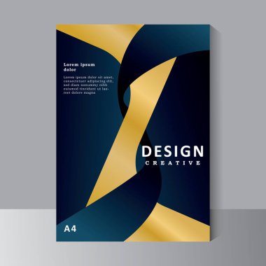 Yaratıcı Kitap Kapağı Tasarım Şablonu A4 'te. Lüks görünüş kapağı altın ve mavi renkli, Broşür, Yıllık Rapor, Dergi, Poster, İş Sunumu, Portföy, Flyer, Banner, Web Sitesi. vektör şablonu,