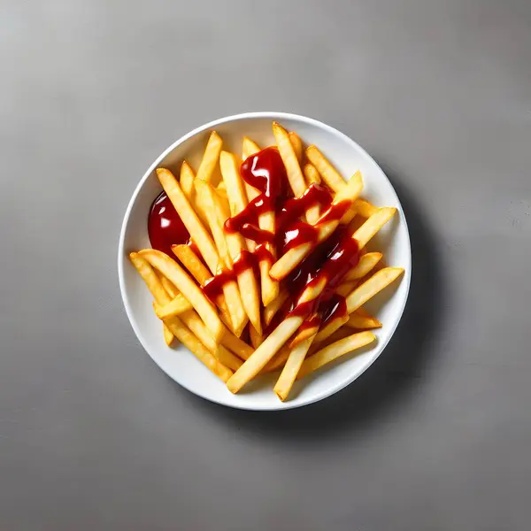 Patates kızartması, ketçaplı ve ketçaplı.