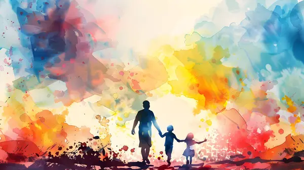 Mutlu aile, baba ve oğul, oğul, kız ve oğul gün batımında gökyüzünde, renkli suluboya resim