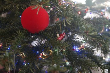 Çok güzel dekore edilmiş bir Noel ağacı. Canlı kırmızı bir süs ve göz kırpan mavi ışıklar. Bayram ruhunu yansıtıyor..