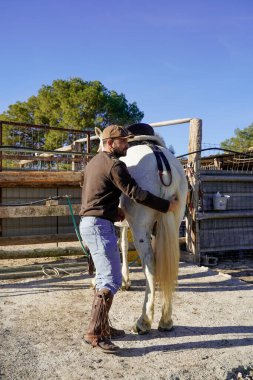 Çiftlikte beyaz atlı bir çiftçi, eyeri hazırlıyor.