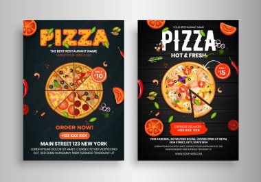 Pizza restoranı broşürü tasarımı. Menü, broşür, afiş, afiş, poster için broşür. modern vektör illüstrasyonu.