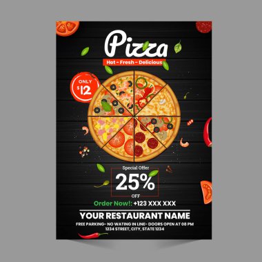 Pizza teslimat afişi. Fast food menüsünde pizza ve yiyecek tasarımı var. vektör