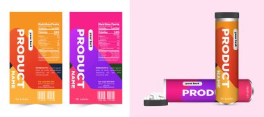 Çoklu vitamin etiketi tasarımı ve doğal kalsiyum gıda destek pankartı ambalajı, kapsül ya da tablet kavanozu etiketi vitamin yağı baskı vektörü modern model kutulu.