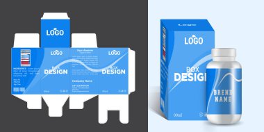 İlaç ve ürün kutusu paketleme tasarımı şişe etiketi tasarımı ve 3d model vektör dosya biçimi.