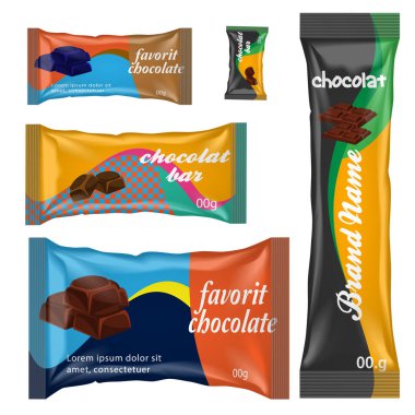 Gerçekçi vektör tasarımı Patates cipsi paketleme şablonu. Çikolata çubuğu vektör paketleme tasarımı. Meyve ve baharatlı çikolata takımı.