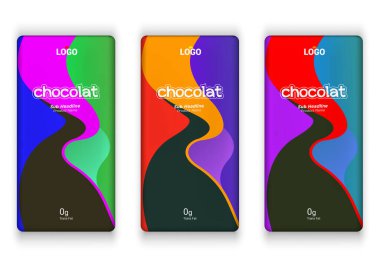 Çikolata Etiketi Şablon Seti. Gerçekçi Gölgeler Meyve Silueti ve Renkli Kamuflaj Kalıpları Koleksiyonu ile Soyut Şekil Vektör Tasarımı Tasarımı Düzeni. İzole edilmiş