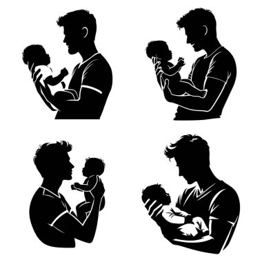 Babam kucağında bir bebek tutuyor. Mutlu Babalar Günü Sembolü. Baba ve çocuğun vektör çizimi. Beyaz arka planda oğlu olan baba..