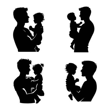 Çocuğunu kucağında tutan bir babanın silüeti. Mutlu Babalar Günü Sembolü. Baba ve çocuğun vektör çizimi. Beyaz arka planda oğlu olan baba..