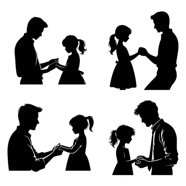 Baba kızının elini tutuyor, siluet seti. Mutlu Babalar Günü Sembolü. Baba ve çocuğun vektör çizimi. Beyaz arka planda oğlu olan baba..