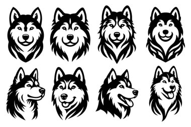 Sibirya Husky köpek kafası siluet vektör çizimi ayarlandı. Popüler aile köpeği..