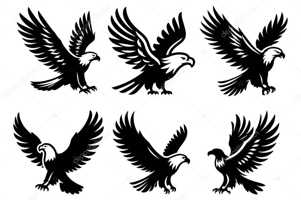 Eagle flying with its wings spread set silhouette vector illustration.