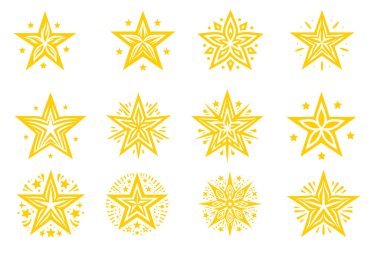 Bir dizi yıldız. Yıldız vektör simgeleri ayarlandı. Yıldız vektör koleksiyonu. Yıldız vektör illüstrasyonu.