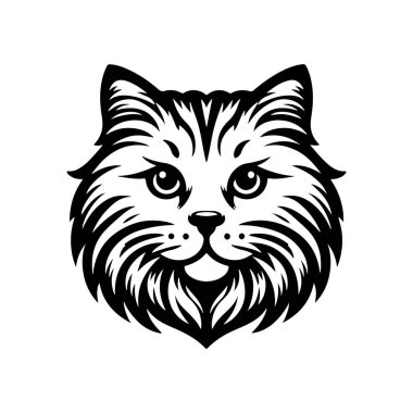 Siyah kedinin baş simgesi beyaz arka planda izole edilmiş. Gülümseyen havalı erkek kedi vektör çizimi.