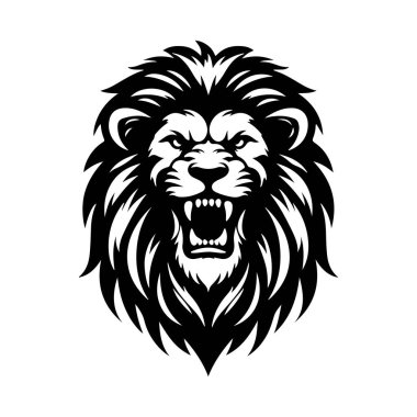 Siyah ve Beyaz Kızgın Aslan Baş Silueti.
