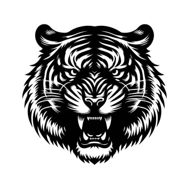 Kaplan başlı siluet. Siyah beyaz kükreyen kaplan kafası.