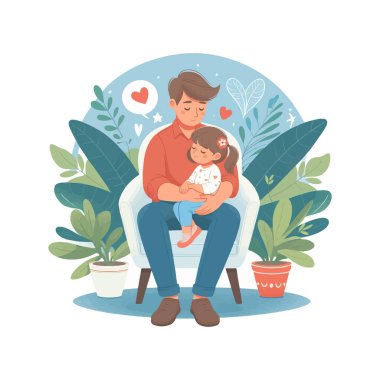 Kızı, bitkilerle dizayn edilmiş genç babaların kucak vektör çizimine oturur. Baba küçük bir kızıyla birlikte bir sandalyede oturuyor..