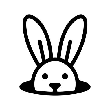 Şirin bir tavşan delikten dışarı bakar. Paskalya için tavşan. Beyaz arka planda çizgi film kulakları.