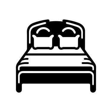 Beyaz arkaplanda çift yatak düz vektör simgesi. Yatak mobilyası sembolü çift yatak ikonu. Otel odası için mobilya sembolü.