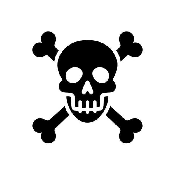 Кости и череп смерти плоская иконка вектора опасности или предупреждения на белом фоне. Символ Роджера для приложений и игр.