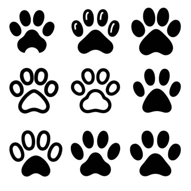 Kedi ve köpek patisi vektör çizimi seti. pençe yazdırma işareti ve tişört, arkaplan, desenler, web siteleri, vitrin tasarımları, tebrik kartları, çocuk baskıları ve benzeri şeyler için sembol.