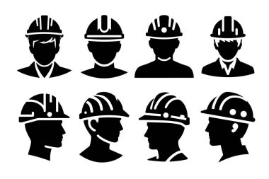 İnşaat işçileri, güvenlik başlığı vektör simgesi yerleştirildi.