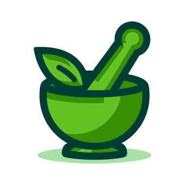 Yaratıcı Yeşil Havan ve yapraklı tokmak. Eczane logo vektör illüstrasyonu.