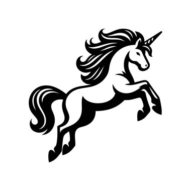 Siyah ve beyaz tek boynuzlu at atlama vektörü çizimi.