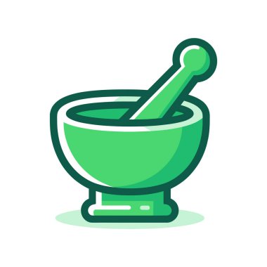 Yeşil Havan ve tokmak vektör çizimi. Beyaz arka planda eczane logosu tasarımı.