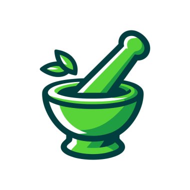 Yeşil Havan ve yaprak vektör illüstrasyonlu tokmak. Beyaz arka planda eczane logosu tasarımı.